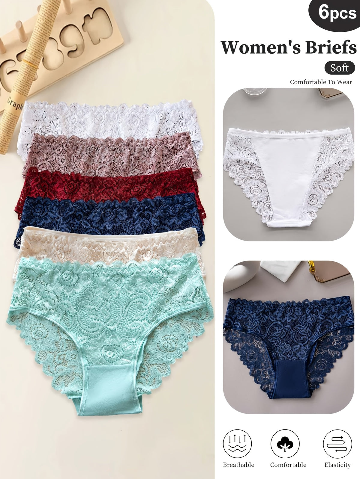 6-Pack Women's Underwear - Floral Lace Seamless Panties, Semi-Sheer Briefs with Delicate Lace Trim, Mid-Rise Suitable for Daily Wear, Stretchy Breathable Solid Color Base & Lace Design, Hand Washable Basic Panty Liners
