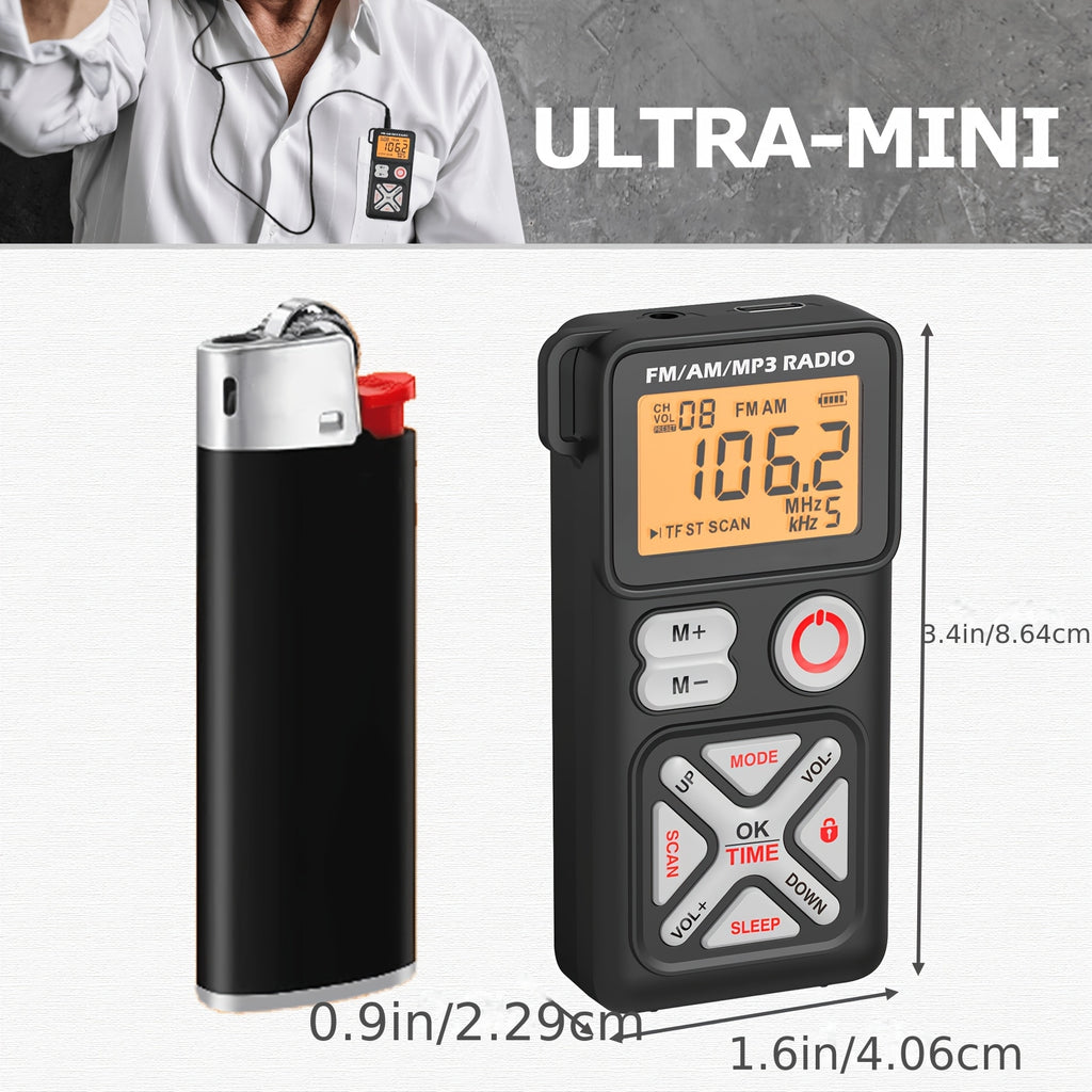 Pocket AM FM Radio Portable Personal Mini Radio with Digital Tuning LCD Display and Back Clip, Rechargeable Pocket Radio with Earphone and SD Card Player for Walking, Jogging