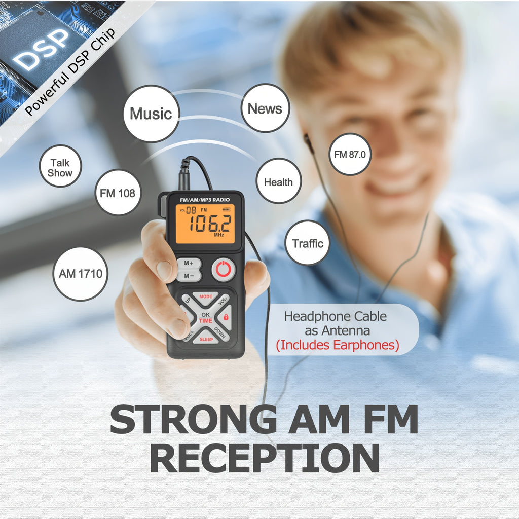 Pocket AM FM Radio Portable Personal Mini Radio with Digital Tuning LCD Display and Back Clip, Rechargeable Pocket Radio with Earphone and SD Card Player for Walking, Jogging