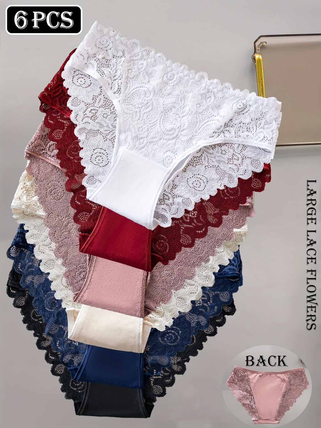 6-Pack Women's Underwear - Floral Lace Seamless Panties, Semi-Sheer Briefs with Delicate Lace Trim, Mid-Rise Suitable for Daily Wear, Stretchy Breathable Solid Color Base & Lace Design, Hand Washable Basic Panty Liners