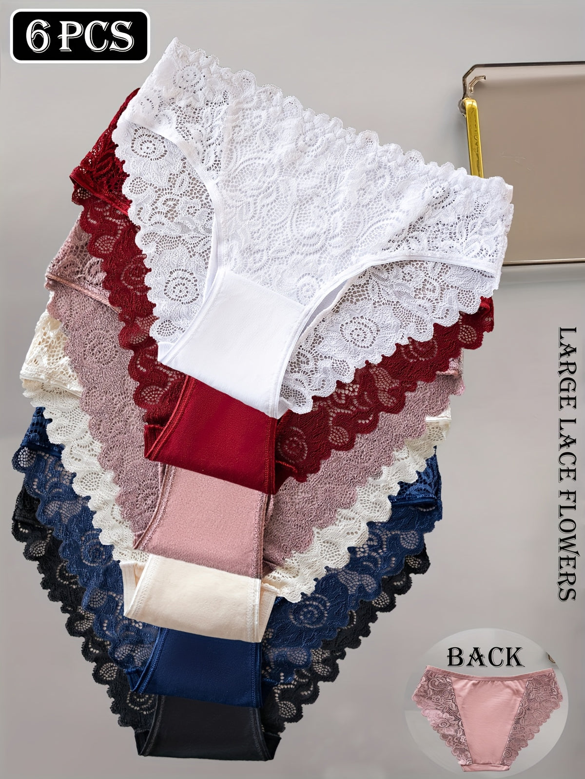 6-Pack Women's Underwear - Floral Lace Seamless Panties, Semi-Sheer Briefs with Delicate Lace Trim, Mid-Rise Suitable for Daily Wear, Stretchy Breathable Solid Color Base & Lace Design, Hand Washable Basic Panty Liners