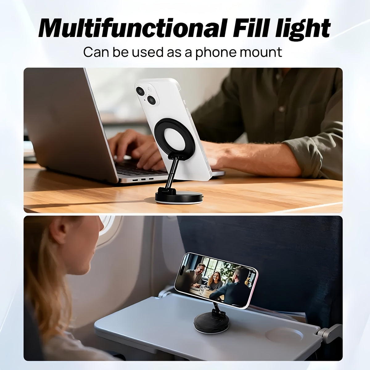Magnetic Selfie Light, iPhone MagSafe-Compatible Phone Light. 360° LED Selfie Ring Fill Light with Foldable Stand and Mirror, Suitable for Selfies/Photography/TikTok/Video Conferencing