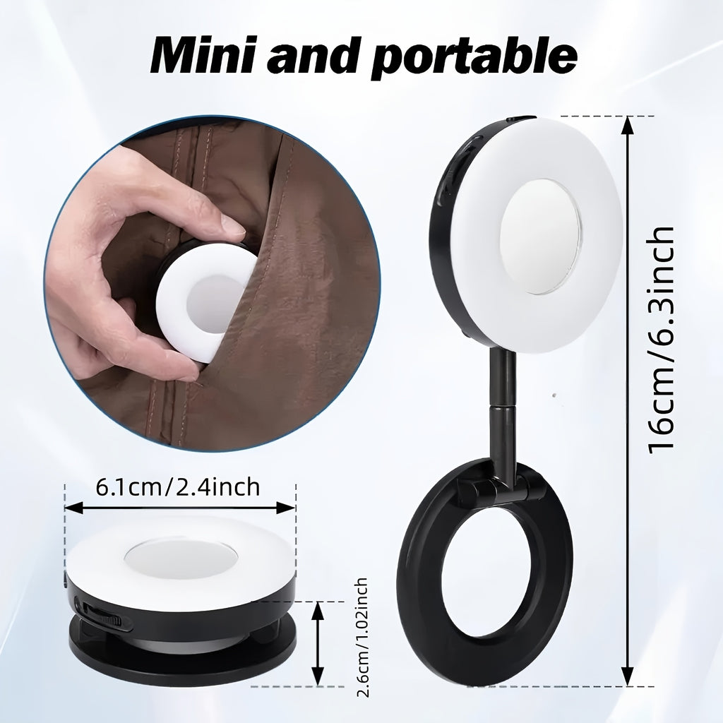 Magnetic Selfie Light, iPhone MagSafe-Compatible Phone Light. 360° LED Selfie Ring Fill Light with Foldable Stand and Mirror, Suitable for Selfies/Photography/TikTok/Video Conferencing