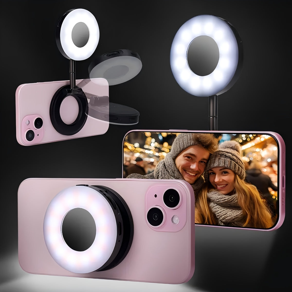 Magnetic Selfie Light, iPhone MagSafe-Compatible Phone Light. 360° LED Selfie Ring Fill Light with Foldable Stand and Mirror, Suitable for Selfies/Photography/TikTok/Video Conferencing