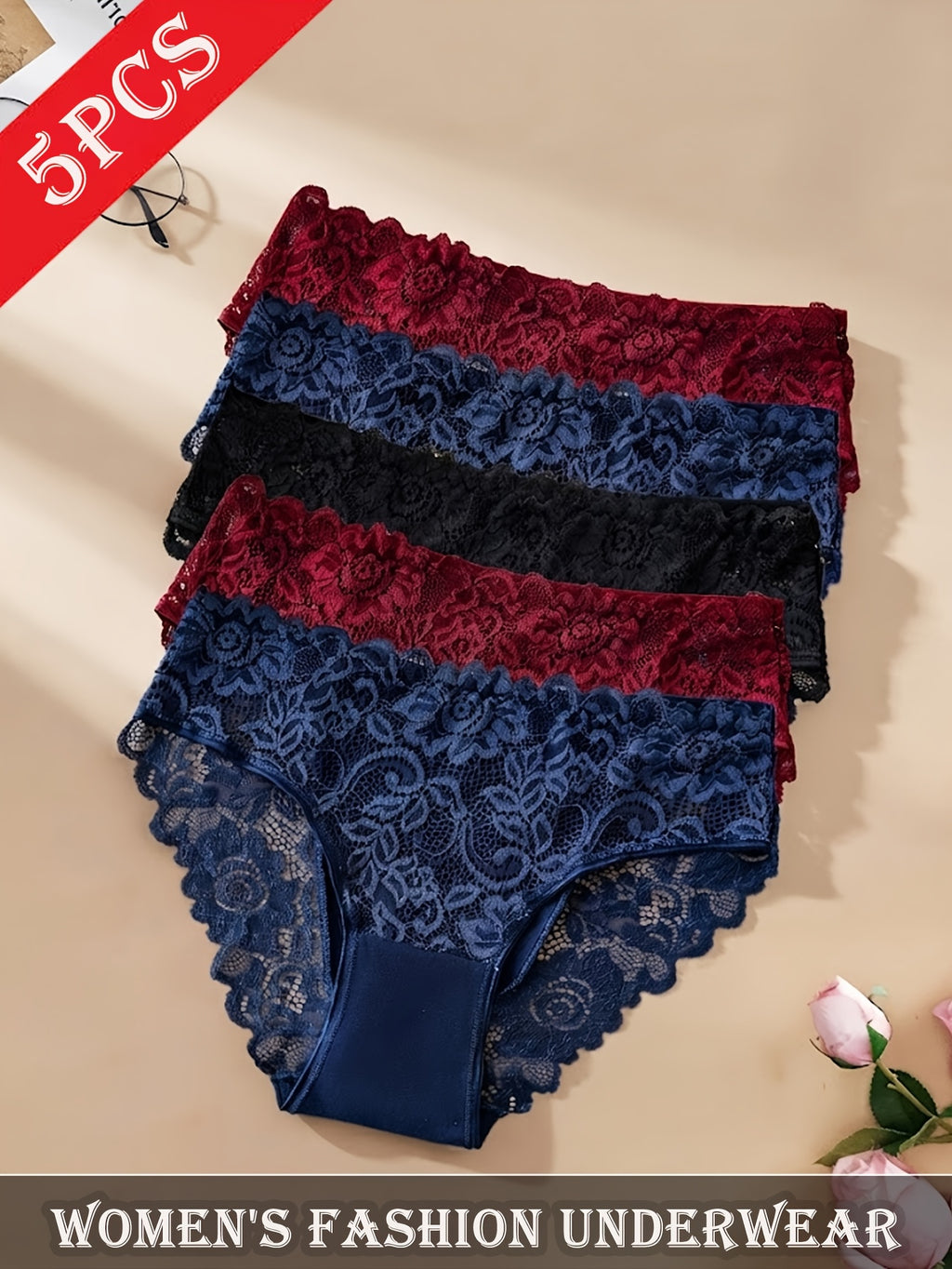 5pcs Floral Lace Panty Set, Women's Comfortable Triangle Panties with Lace Trim
