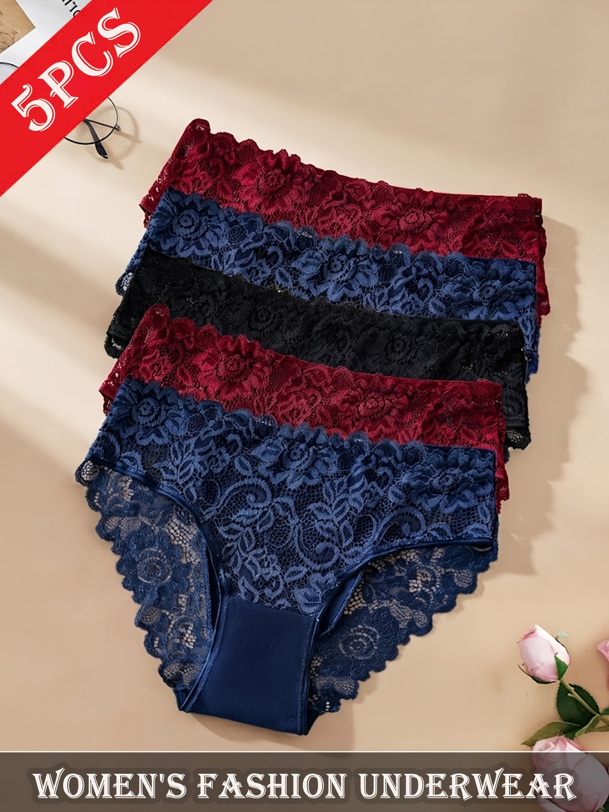 5pcs Floral Lace Panty Set, Women's Comfortable Triangle Panties with Lace Trim