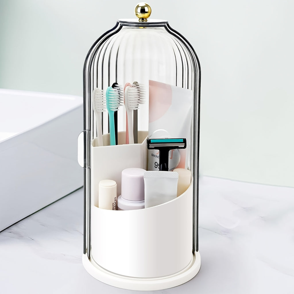 2pcs Set Multifunctional Rotating Storage Box with Sliding Lid Toothbrush Holder - 360° Rotatable Organizer, Dustproof Bathroom Vanity Storage Box, Multi-Compartment Organizer for Toothbrushes, Toothpaste, Makeup Brushes, Etc., Stylish Storage