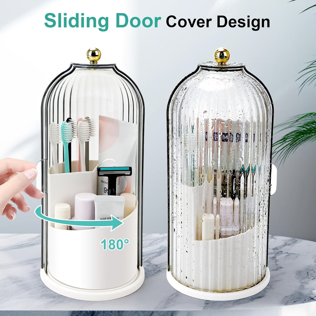 2pcs Set Multifunctional Rotating Storage Box with Sliding Lid Toothbrush Holder - 360° Rotatable Organizer, Dustproof Bathroom Vanity Storage Box, Multi-Compartment Organizer for Toothbrushes, Toothpaste, Makeup Brushes, Etc., Stylish Storage