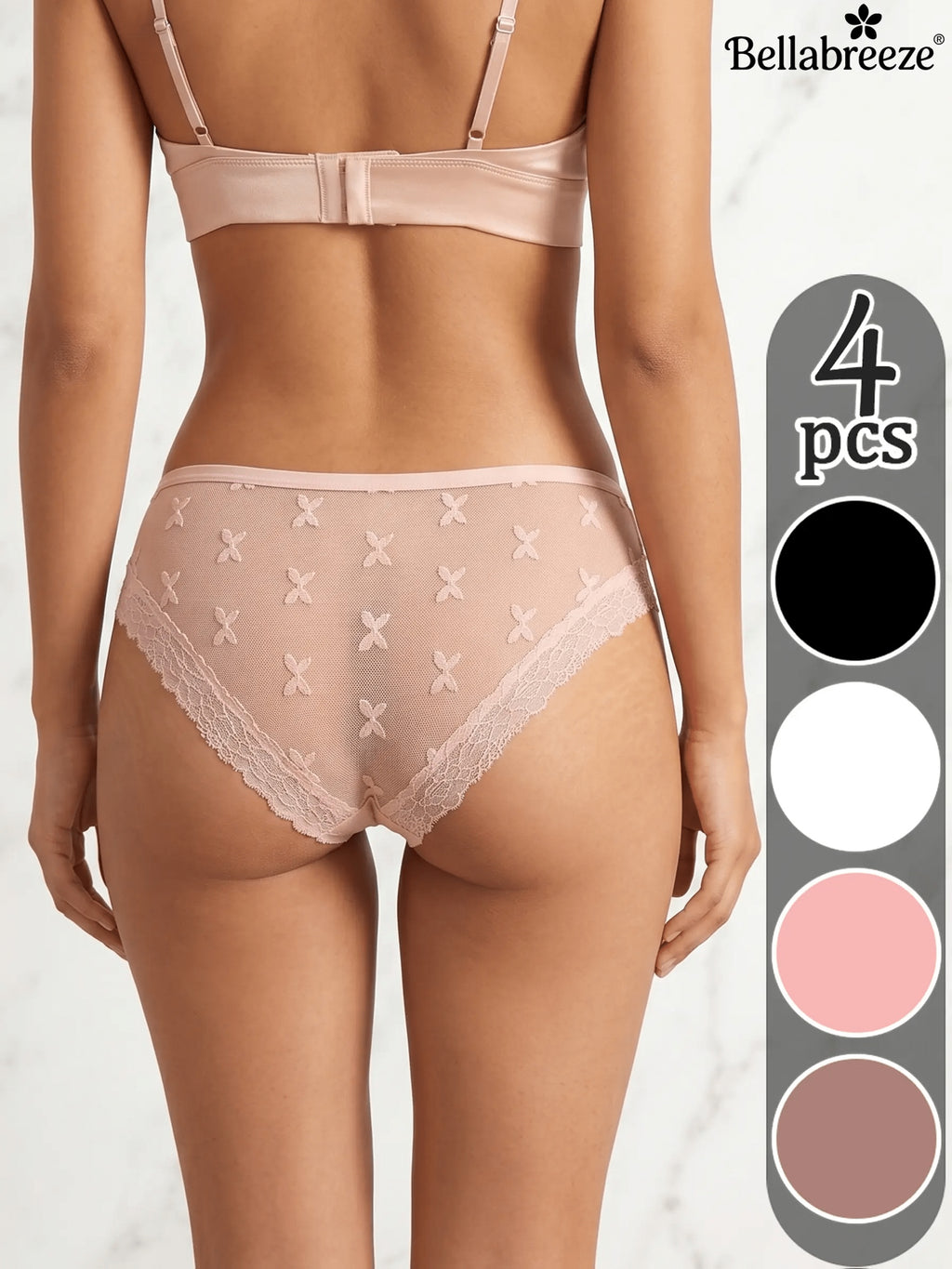 4pcs BellaBreeze Women's Low-Rise Sheer Lace Panties - Seamless Briefs with Mesh Spliced Underwear, Semi-Sheer Solid Color Suitable for Casual Wear, Spring & Summer, Machine Washable Lace Trim Briefs (No)