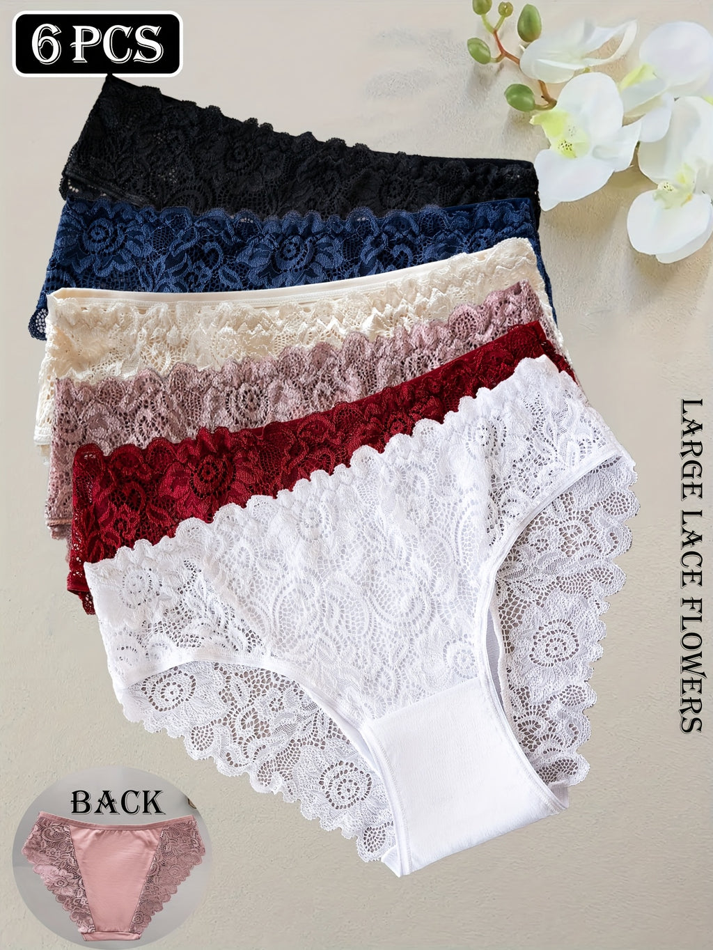 6-Pack Women's Underwear - Floral Lace Seamless Panties, Semi-Sheer Briefs with Delicate Lace Trim, Mid-Rise Suitable for Daily Wear, Stretchy Breathable Solid Color Base & Lace Design, Hand Washable Basic Panty Liners