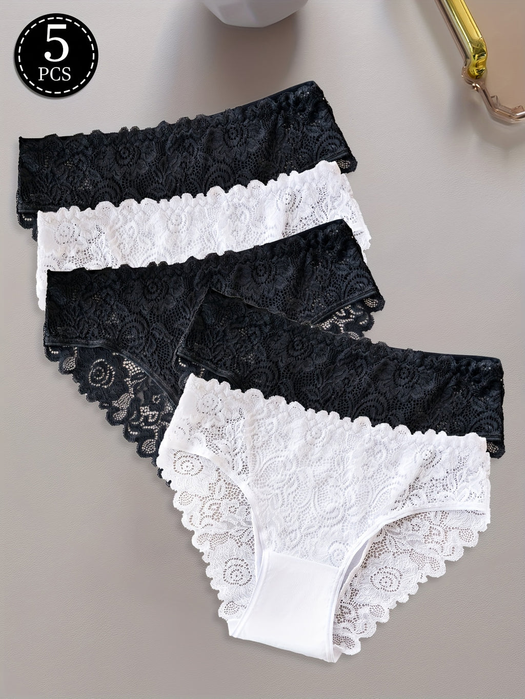5pcs Floral Lace Panty Set, Women's Comfortable Triangle Panties with Lace Trim