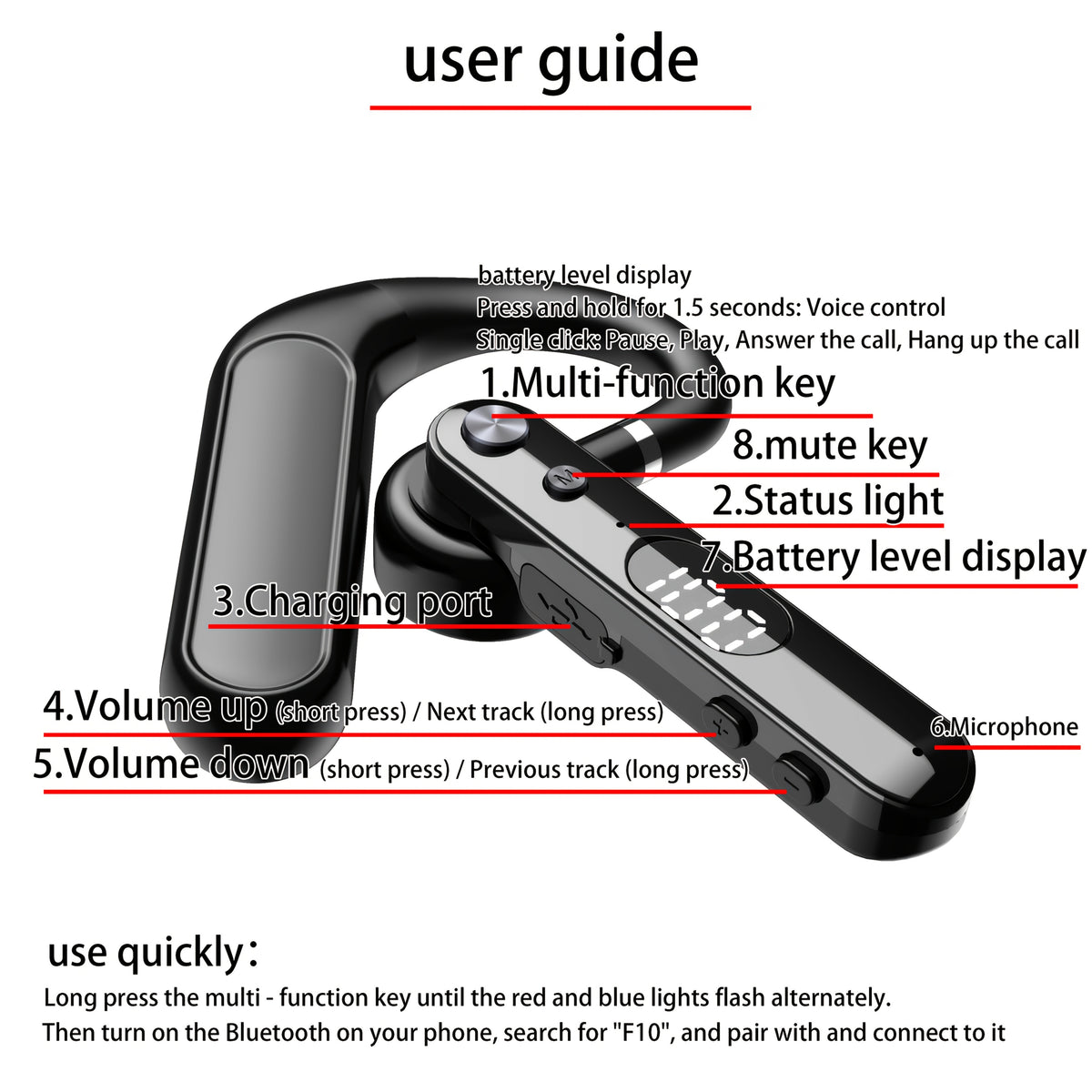Open-style Wireless Earphones with Extended Battery Life, One-touch Mute Function, Crystal-clear Calls, Non-intra-auricular Design, Battery Level Indicator, Ergonomic Open-ear Design, Comfortable Wireless Earbuds, Compatible with iPhone/Android