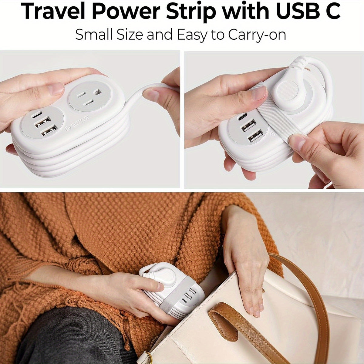 ORICO Travel Power Strip, 3.7ft Small Extension Cord, Portable Power Strip Flat Plug with 2 AC Outlets 3 USB Ports (1 USB C), Multi Plug Extension Cord for Travel, Cruise, Office, Hotels