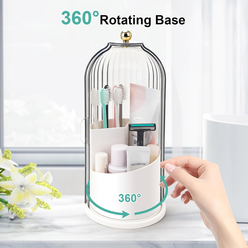 2pcs Set Multifunctional Rotating Storage Box with Sliding Lid Toothbrush Holder - 360° Rotatable Organizer, Dustproof Bathroom Vanity Storage Box, Multi-Compartment Organizer for Toothbrushes, Toothpaste, Makeup Brushes, Etc., Stylish Storage