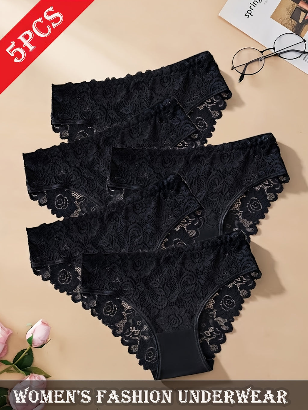 5pcs Floral Lace Panty Set, Women's Comfortable Triangle Panties with Lace Trim