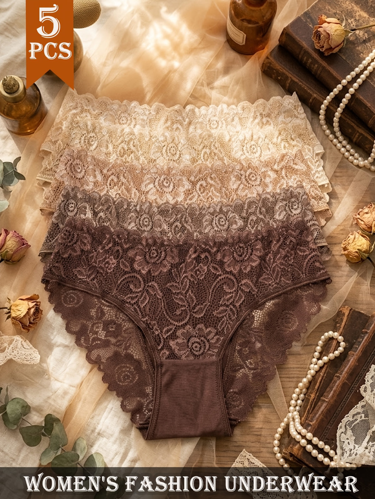 5pcs Floral Lace Panty Set, Women's Comfortable Triangle Panties with Lace Trim