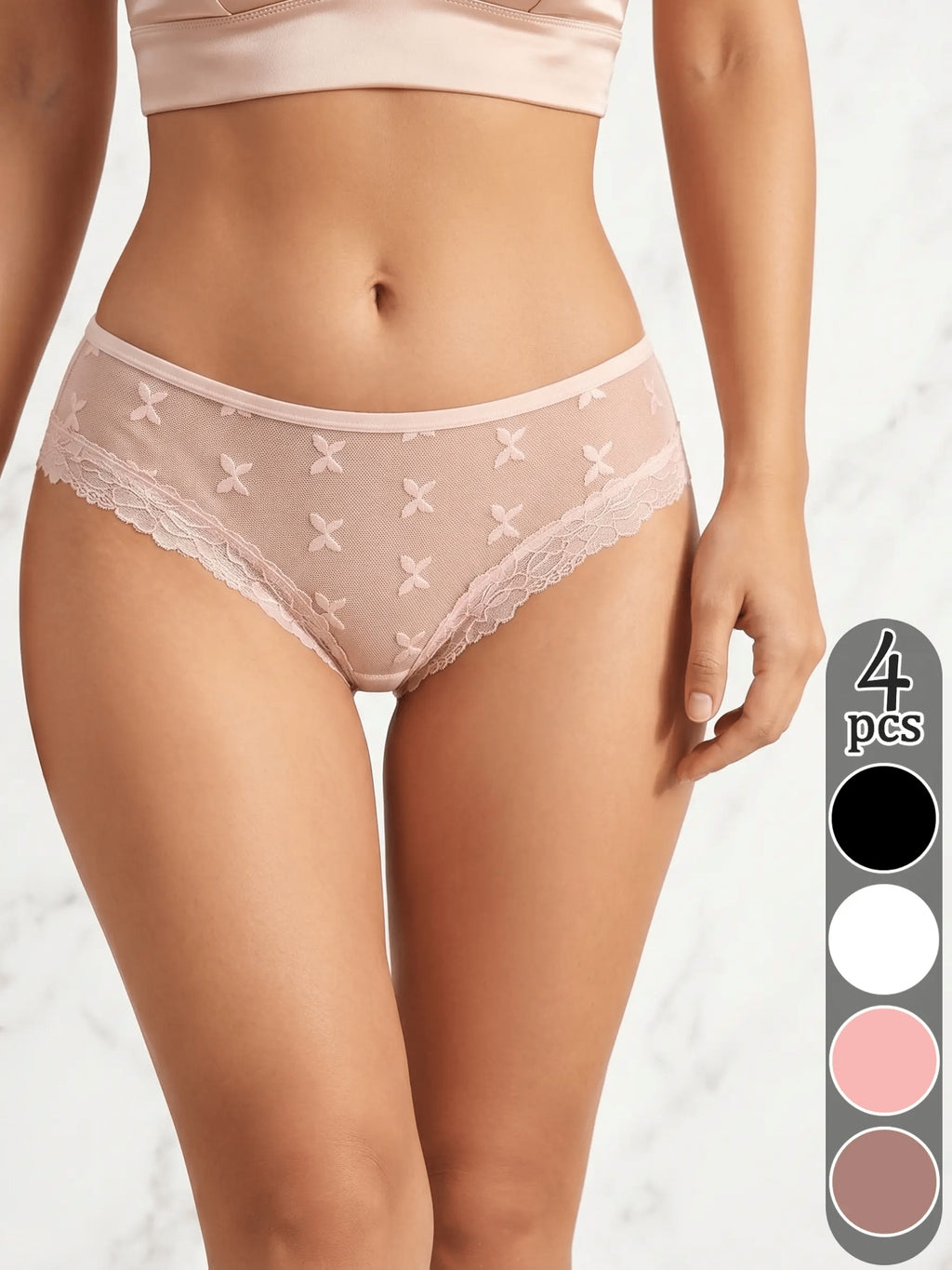 4pcs BellaBreeze Women's Low-Rise Sheer Lace Panties - Seamless Briefs with Mesh Spliced Underwear, Semi-Sheer Solid Color Suitable for Casual Wear, Spring & Summer, Machine Washable Lace Trim Briefs (No)