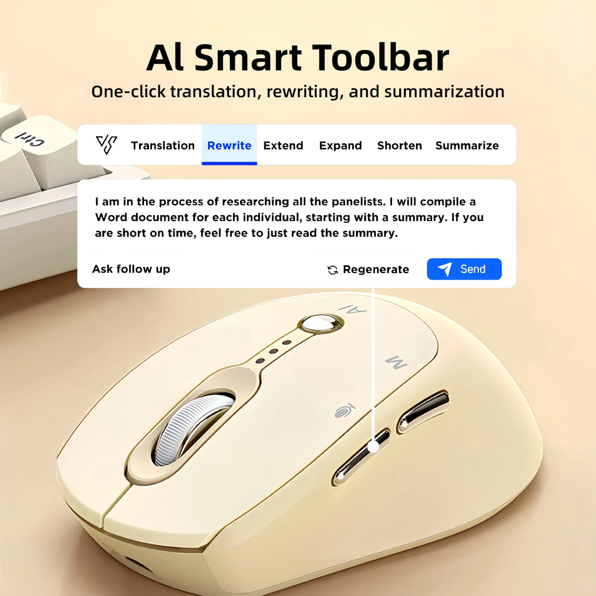 Next-Gen AI Voice Wireless Mouse, Includes Smart AI Office Assistant, One-Click Voice-to-Text Input, Multi-Language Real-Time Translation, AI Writing & PPT Creation, T-WOLF Silent Wireless + 2.4G Dual Mode, Rechargeable With Battery Display