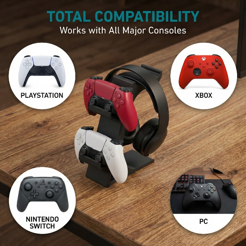 Three-in-One PS5 and Xbox Controller Stand with Headphone Storage Rack, Saves Desktop Space. Suitable for Game Controller Storage, Controller Stand, Headphone Stand, and Other Gaming Accessories