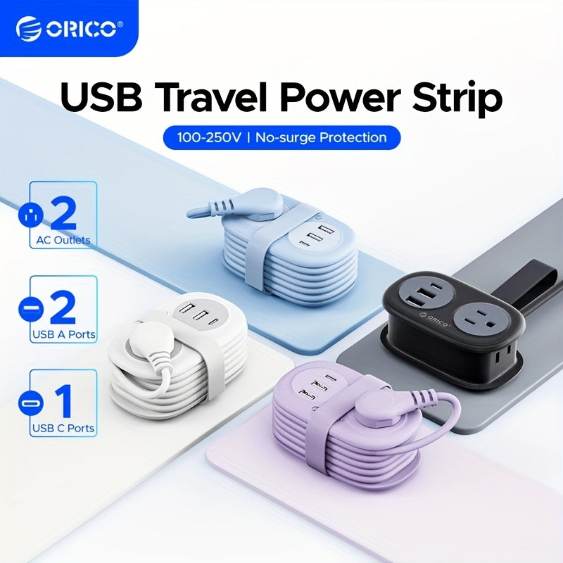 ORICO Travel Power Strip, 3.7ft Small Extension Cord, Portable Power Strip Flat Plug with 2 AC Outlets 3 USB Ports (1 USB C), Multi Plug Extension Cord for Travel, Cruise, Office, Hotels
