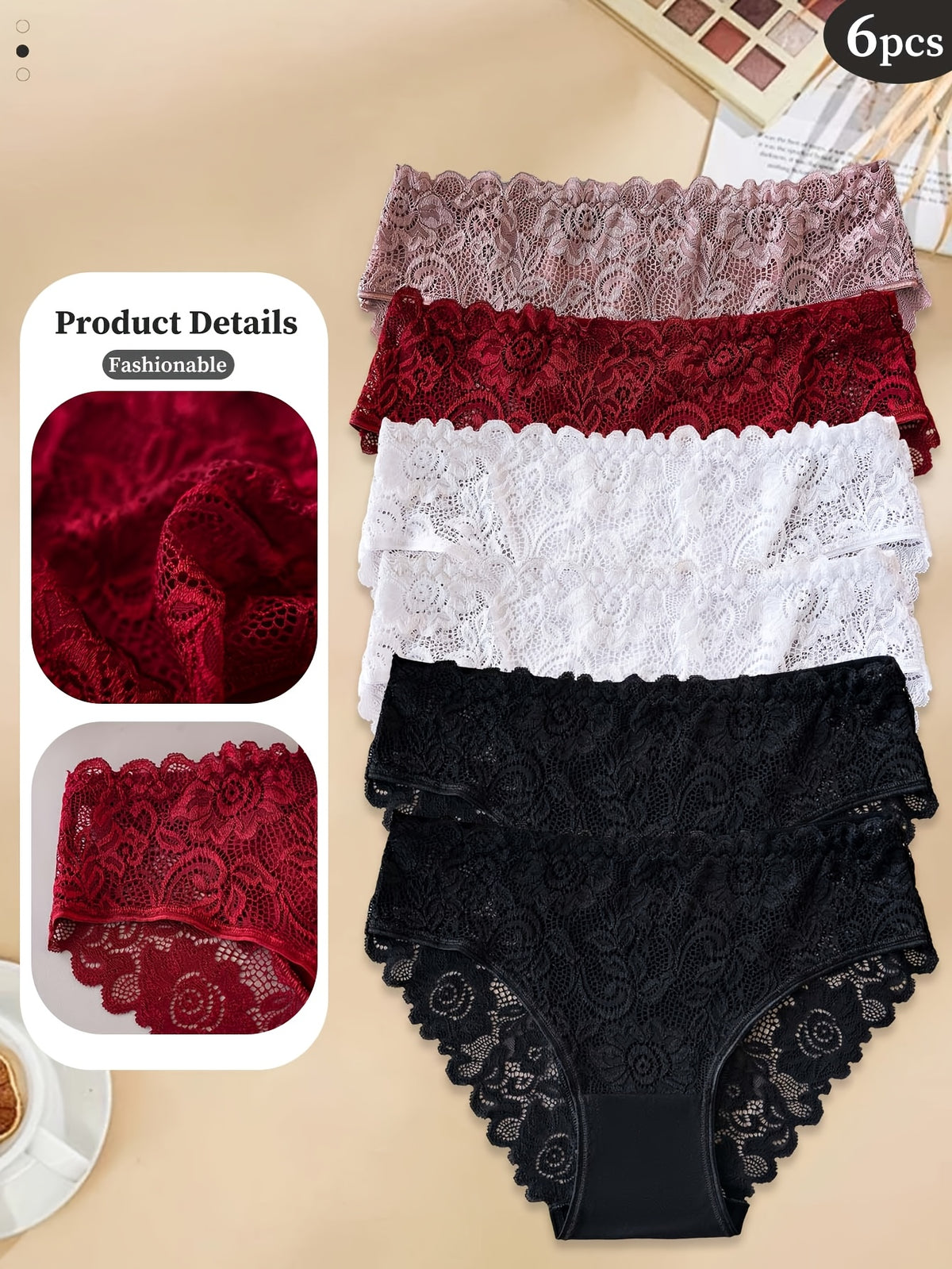 6-Pack Women's Underwear - Floral Lace Seamless Panties, Semi-Sheer Briefs with Delicate Lace Trim, Mid-Rise Suitable for Daily Wear, Stretchy Breathable Solid Color Base & Lace Design, Hand Washable Basic Panty Liners
