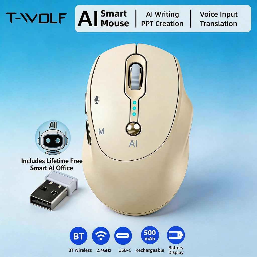 Next-Gen AI Voice Wireless Mouse, Includes Smart AI Office Assistant, One-Click Voice-to-Text Input, Multi-Language Real-Time Translation, AI Writing & PPT Creation, T-WOLF Silent Wireless + 2.4G Dual Mode, Rechargeable With Battery Display