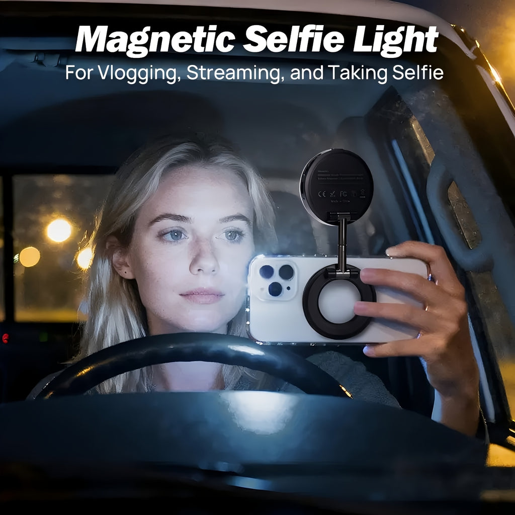 Magnetic Selfie Light, iPhone MagSafe-Compatible Phone Light. 360° LED Selfie Ring Fill Light with Foldable Stand and Mirror, Suitable for Selfies/Photography/TikTok/Video Conferencing