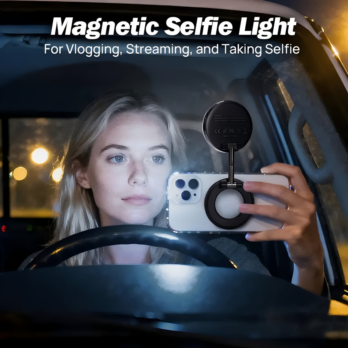 Magnetic Selfie Light, iPhone MagSafe-Compatible Phone Light. 360° LED Selfie Ring Fill Light with Foldable Stand and Mirror, Suitable for Selfies/Photography/TikTok/Video Conferencing