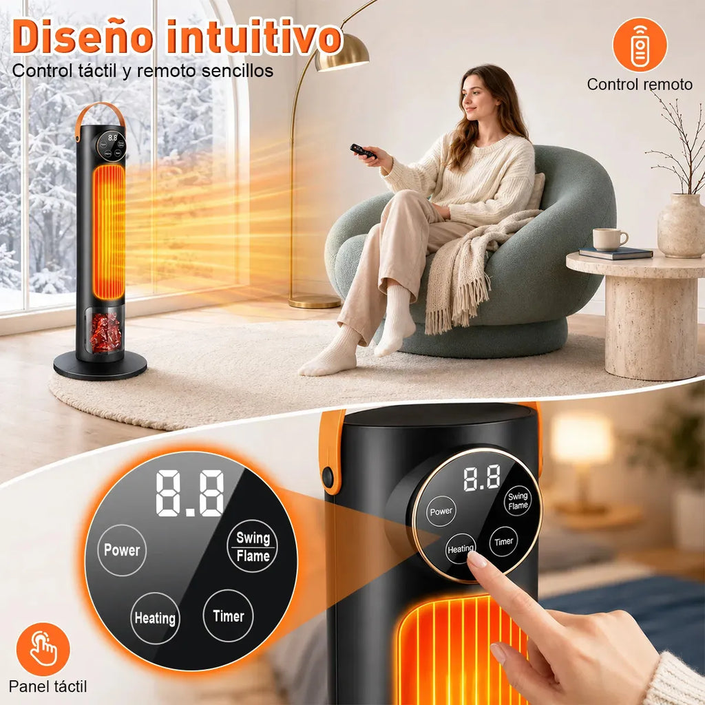 Calefacción eléctrica portátil 1500W calentador de aire 3 modos con calefacción 2S y 1-12H Temporizador de temperatura y efecto 3D Llamada de pantalla de luz 60° Oscilación con control remoto