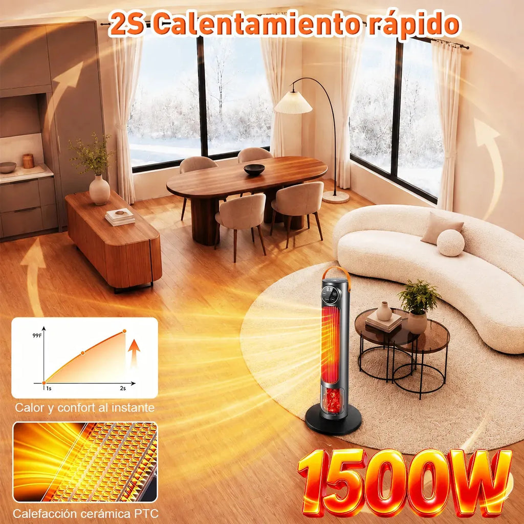 Calefacción eléctrica portátil 1500W calentador de aire 3 modos con calefacción 2S y 1-12H Temporizador de temperatura y efecto 3D Llamada de pantalla de luz 60° Oscilación con control remoto