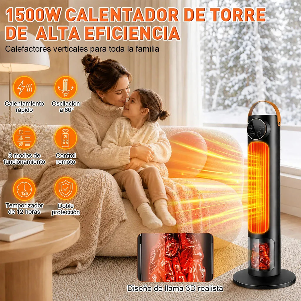 Calefacción eléctrica portátil 1500W calentador de aire 3 modos con calefacción 2S y 1-12H Temporizador de temperatura y efecto 3D Llamada de pantalla de luz 60° Oscilación con control remoto