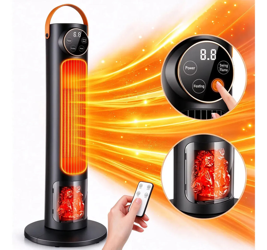 Calefacción eléctrica portátil 1500W calentador de aire 3 modos con calefacción 2S y 1-12H Temporizador de temperatura y efecto 3D Llamada de pantalla de luz 60° Oscilación con control remoto