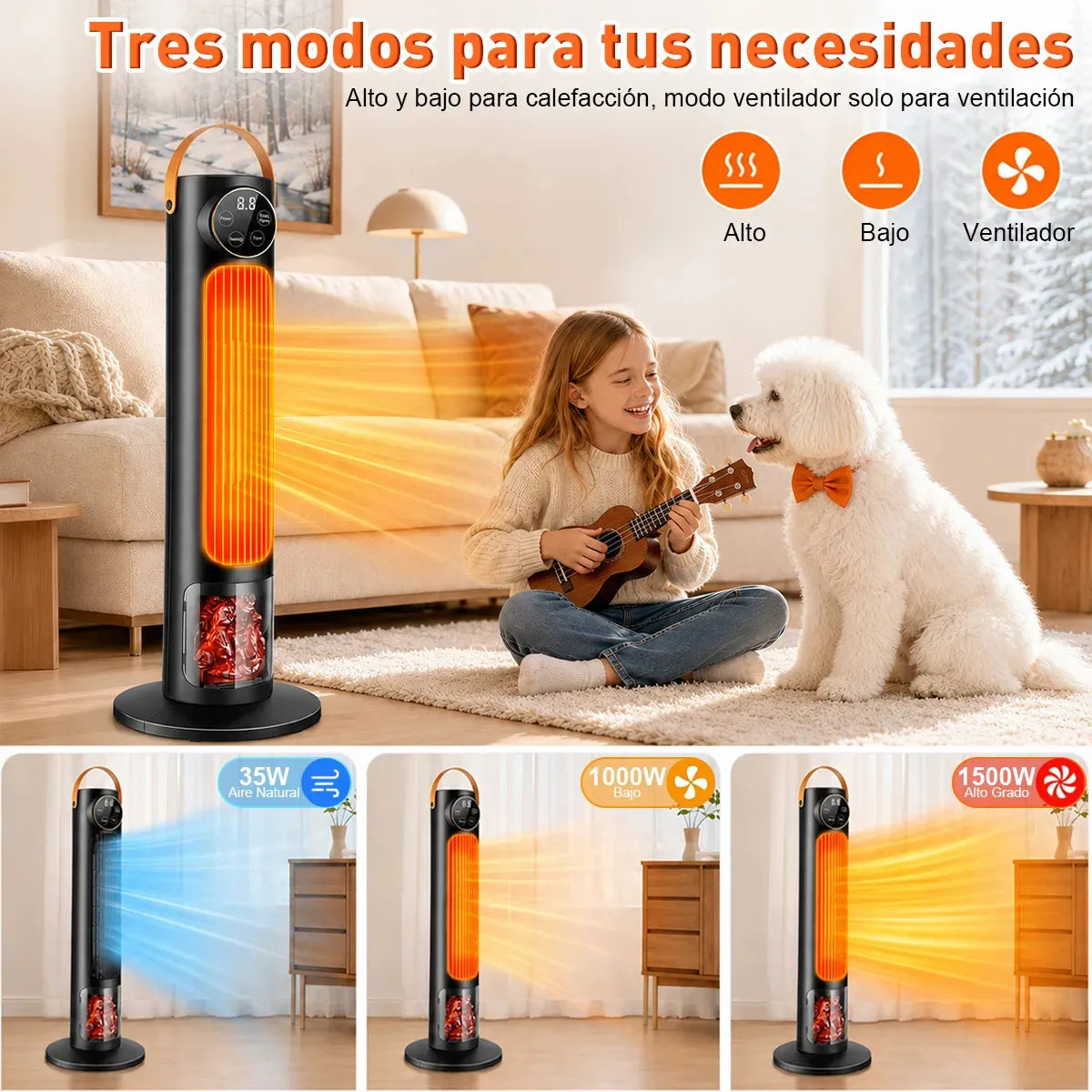 Calefacción eléctrica portátil 1500W calentador de aire 3 modos con calefacción 2S y 1-12H Temporizador de temperatura y efecto 3D Llamada de pantalla de luz 60° Oscilación con control remoto