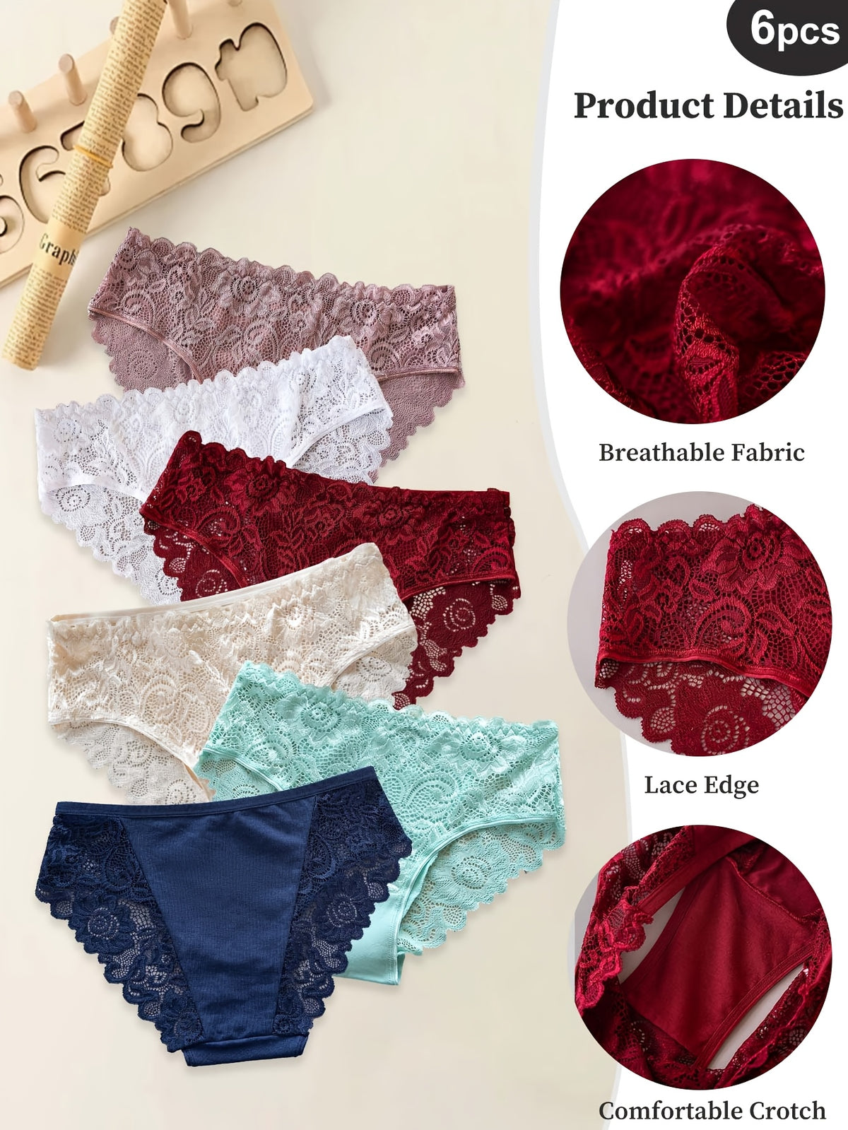 6-Pack Women's Underwear - Floral Lace Seamless Panties, Semi-Sheer Briefs with Delicate Lace Trim, Mid-Rise Suitable for Daily Wear, Stretchy Breathable Solid Color Base & Lace Design, Hand Washable Basic Panty Liners