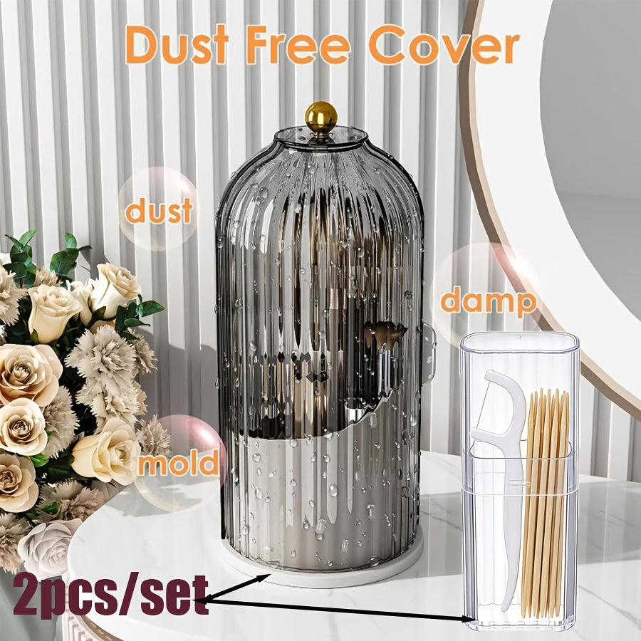 2pcs Set Multifunctional Rotating Storage Box with Sliding Lid Toothbrush Holder - 360° Rotatable Organizer, Dustproof Bathroom Vanity Storage Box, Multi-Compartment Organizer for Toothbrushes, Toothpaste, Makeup Brushes, Etc., Stylish Storage