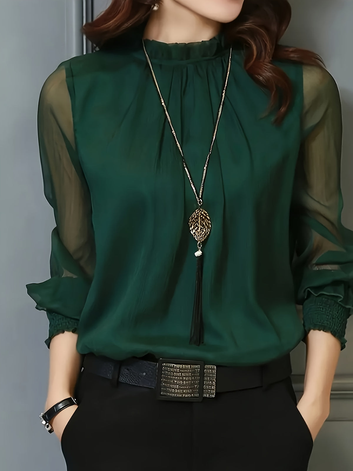 Women's Elegant Office and Daily Shirt - Stand Collar Long Sleeve Non-Sheer Professional Top, All-Season Machine Washable Formal Casual Style Q305
