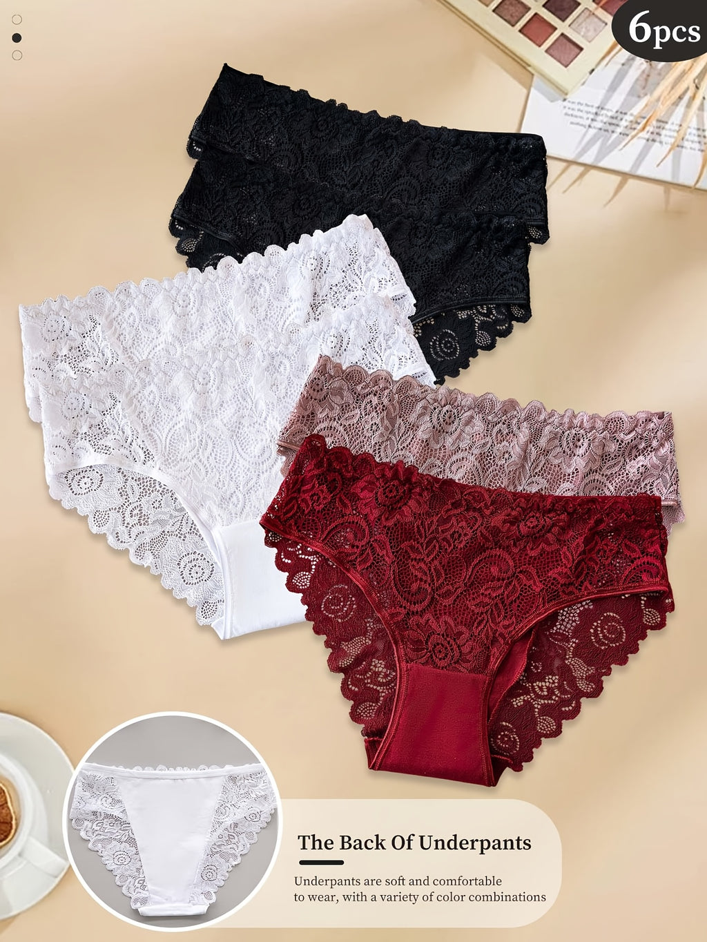 6-Pack Women's Underwear - Floral Lace Seamless Panties, Semi-Sheer Briefs with Delicate Lace Trim, Mid-Rise Suitable for Daily Wear, Stretchy Breathable Solid Color Base & Lace Design, Hand Washable Basic Panty Liners