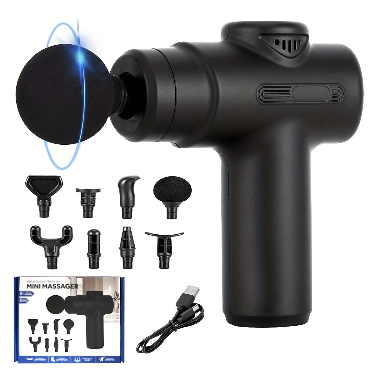 Multifunctional portable fascia gun, electric massager, USB charging port, 6-speed adjustment + 8 replaceable massage heads, suitable for muscle relaxation after exercise and fitness, a Christmas or Halloween gift for family, friends, and classmates