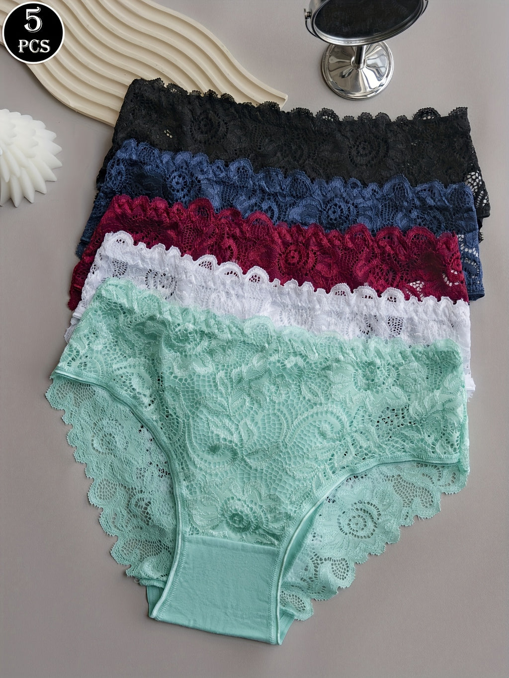 5pcs Floral Lace Panty Set, Women's Comfortable Triangle Panties with Lace Trim