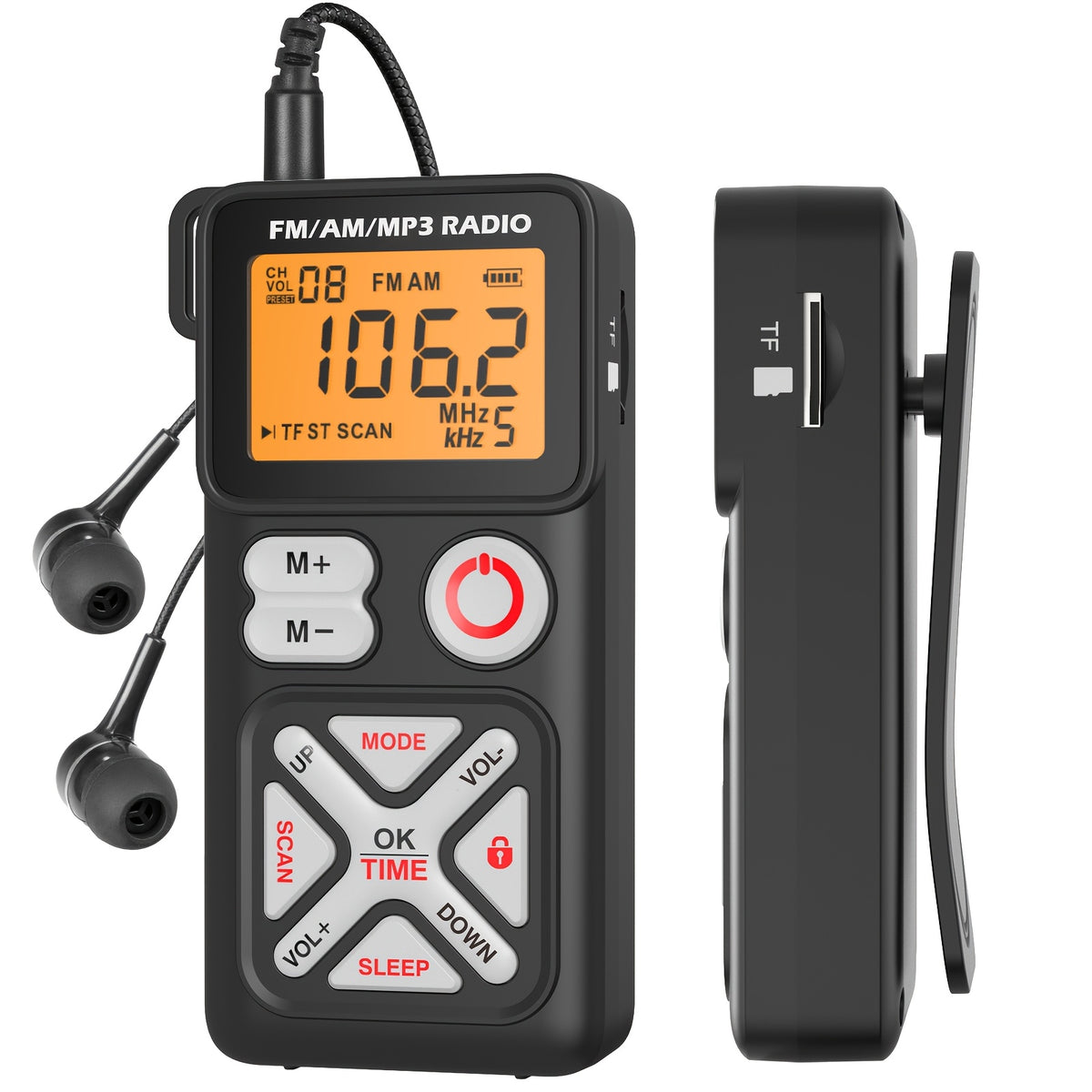 Pocket AM FM Radio Portable Personal Mini Radio with Digital Tuning LCD Display and Back Clip, Rechargeable Pocket Radio with Earphone and SD Card Player for Walking, Jogging