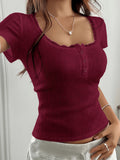 Women'S Spring Summer Sweet Lace Trim Short Sleeve Slim Fit Casual T-Shirt