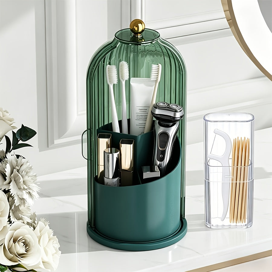 2pcs Set Multifunctional Rotating Storage Box with Sliding Lid Toothbrush Holder - 360° Rotatable Organizer, Dustproof Bathroom Vanity Storage Box, Multi-Compartment Organizer for Toothbrushes, Toothpaste, Makeup Brushes, Etc., Stylish Storage